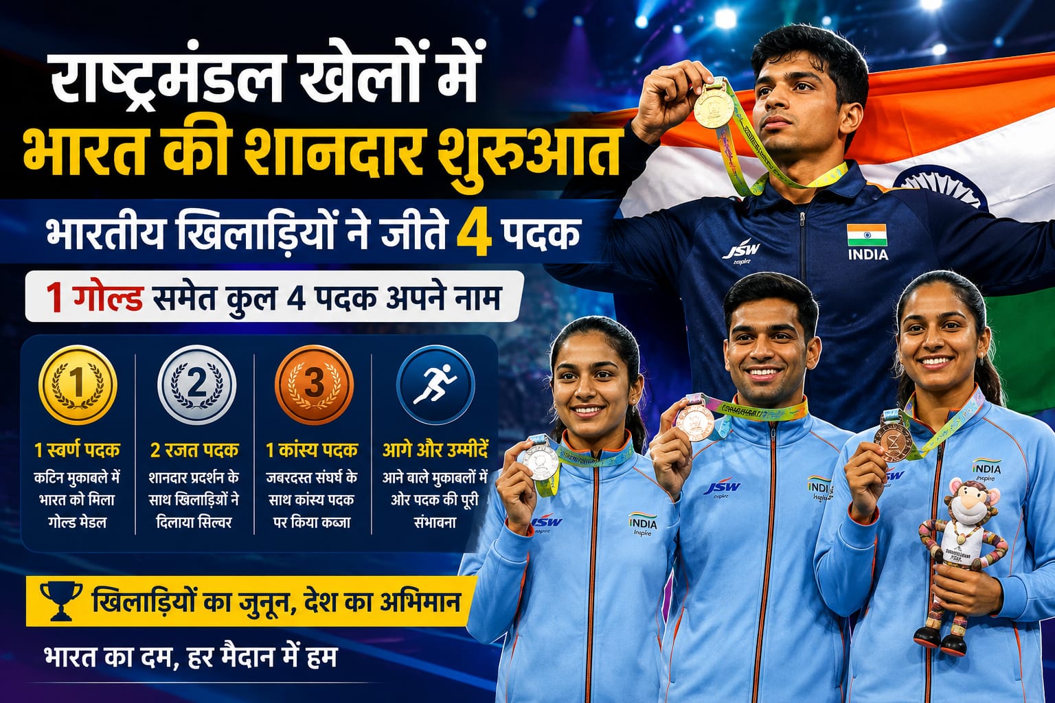 राष्ट्रमंडल खेलों में भारत की दमदार शुरुआत, खिलाड़ियों ने पदकों से बढ़ाया देश का मान