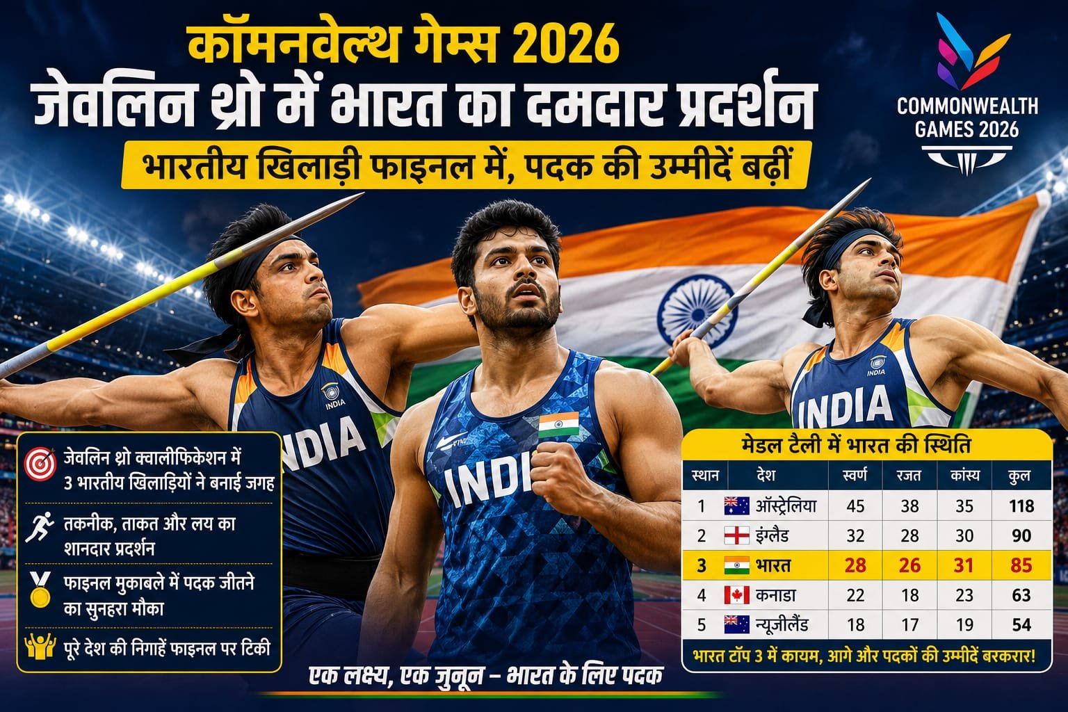 कॉमनवेल्थ गेम्स 2026: जेवलिन थ्रो में भारत का दमदार प्रदर्शन, फाइनल मुकाबले से बढ़ीं पदक जीतने की उम्मीदें